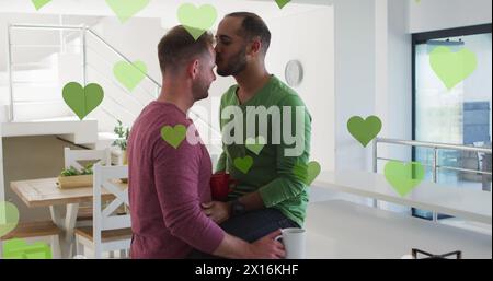 Immagine di icone del cuore su diverse coppie gay che abbracciano Foto Stock