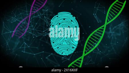 Scanner biometrico e icone di lucchetto di sicurezza contro le strutture del dna e la rete di connessioni Foto Stock