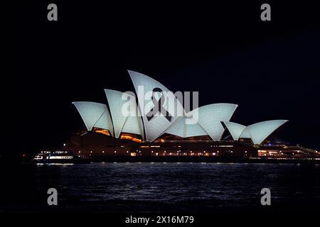 Sydney. 15 aprile 2024. Questa foto scattata il 15 aprile 2024 mostra la Sydney Opera House illuminata con un nastro nero per piangere le vittime dell'attacco di un coltello all'interno del Westfield Shopping Center a Bondi Junction il 13 aprile, a Sydney, Australia. Crediti: Wang Qi/Xinhua/Alamy Live News Foto Stock