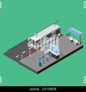 Concetti vettoriali isometrici 3d con fermata del bus elettrico Illustrazione Vettoriale
