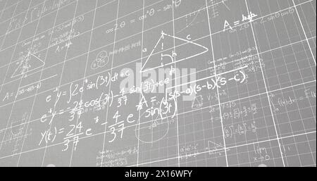 Immagine di equazioni matematiche e diagrammi su una griglia con sfondo astratto Foto Stock