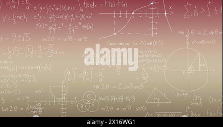 Immagine di equazioni matematiche e diagrammi fluttuanti su sfondo a gradiente rosa Foto Stock