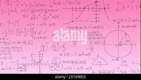 Immagine di equazioni matematiche e diagrammi fluttuanti su sfondo a gradiente rosa Foto Stock