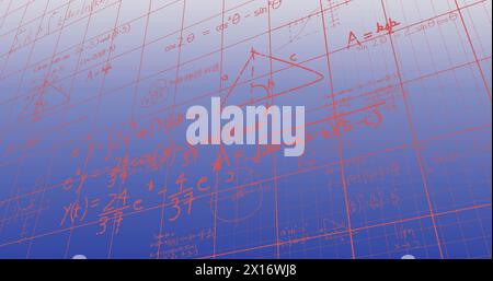 Immagine di equazioni matematiche e diagrammi fluttuanti su sfondo blu a gradiente Foto Stock