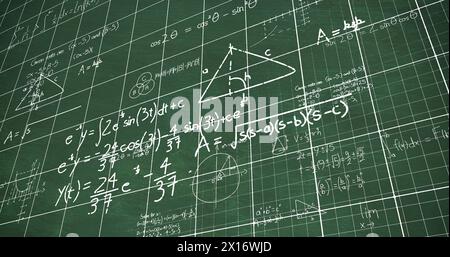 Immagine di equazioni matematiche bianche e diagrammi su griglia su sfondo astratto Foto Stock