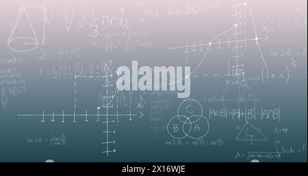 Immagine di equazioni matematiche e diagrammi fluttuanti su sfondo a gradiente verde Foto Stock