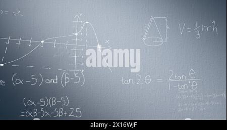 Immagine di equazioni matematiche e diagrammi su sfondo blu Foto Stock