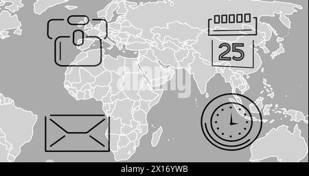 Immagine di icone commerciali sulla mappa mondiale su sfondo grigio Foto Stock
