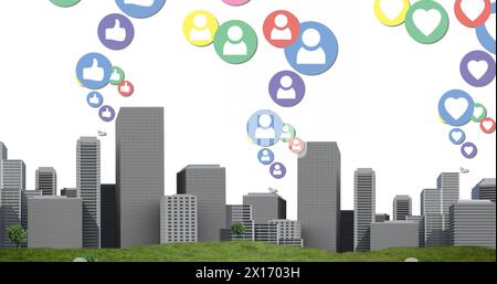 Immagine di più icone colorate dei social media digitali che volano sopra il paesaggio urbano Foto Stock