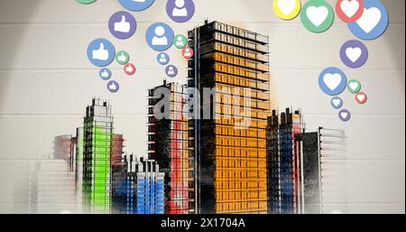 Immagine di più icone colorate dei social media digitali che volano sopra il paesaggio urbano Foto Stock