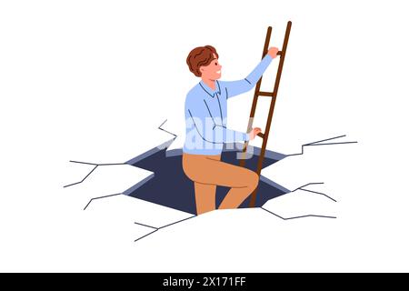 L'uomo d'affari fugge dalla situazione difficile, mostrando coraggio e salendo le scale dall'abisso Illustrazione Vettoriale