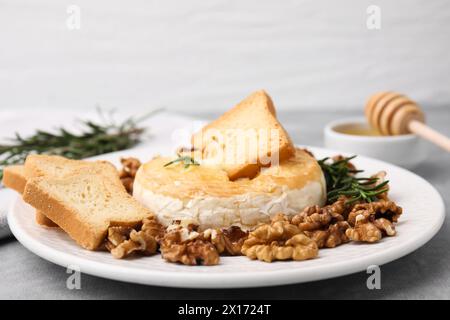 Gustoso camembert al forno, crostini, noci e rosmarino sul tavolo grigio, primo piano Foto Stock