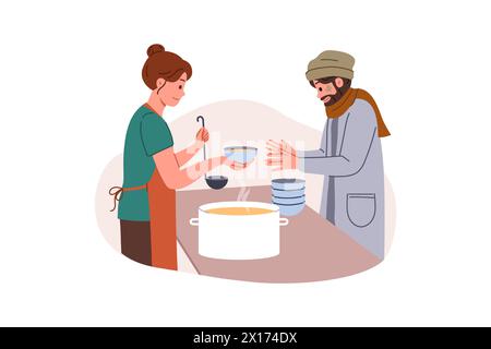 Il senzatetto riceve cibo da una volontaria donna dal rifugio per i poveri disoccupati Illustrazione Vettoriale