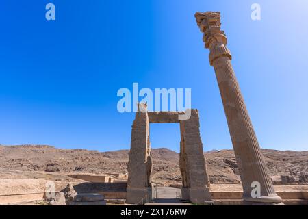 Imponenti statue di Lamassu si ergono alte, gettando intricate ombre tra le antiche rovine di Persepoli, Iran. Immortalato in una giornata intensa con la sk blu Foto Stock