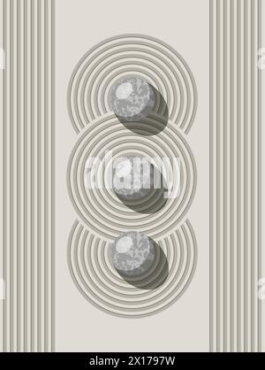 sfondo giapponese vettoriale in pietra zen e giardino di sabbia per il concetto di meditazione. cerchi di sabbia astratti e pietre grigie con ombre. equilibrio di spiritualità Illustrazione Vettoriale