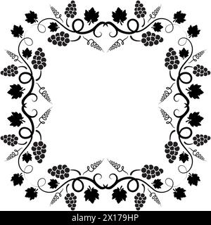 decorazione di sfondo vettoriale a forma quadrata di vite con copyspace. illustrazione di vite nera con ammassi di uva, foglie e tendini isolano Illustrazione Vettoriale