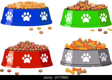 ciotola per cani vettoriali con impronte e cibo per cani. set colorato di ciotole per animali domestici con mucchio di cibo isolato su sfondo bianco Illustrazione Vettoriale