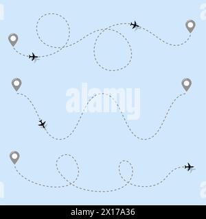 percorsi tratteggiati del piano aereo vettoriale. simbolo aereo che vola tra i punti. traiettoria tratteggiata del jet flight, illustrazione del trasporto aereo Illustrazione Vettoriale