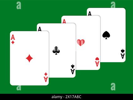 carte vettoriali per giocare a poker e casinò. set di carte da gioco su sfondo verde. quattro assi Illustrazione Vettoriale