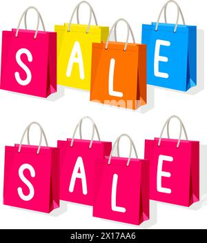 set vettoriale di sacchetti colorati isolati su sfondo bianco. modello della confezione di carta. set di mockup di borse della spesa. vendita, sconto Illustrazione Vettoriale