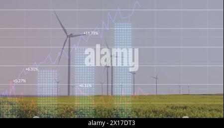 Immagine dell'elaborazione di dati statistici sui mulini a vento che filano sulle praterie Foto Stock