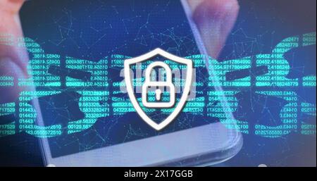 Immagine della catena dell'orologio e della rete di connessioni e lucchetto di sicurezza sul terminale di pagamento Foto Stock