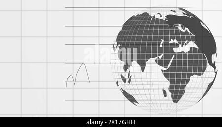 Immagine digitale dell'elaborazione dei dati finanziari e della rotazione del globo su sfondo bianco Foto Stock