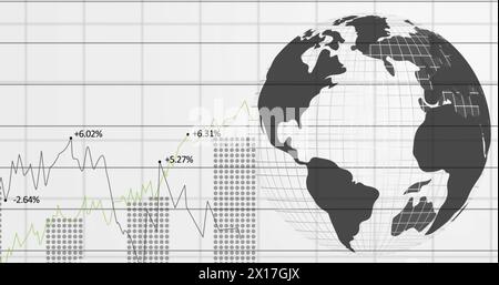 Immagine digitale dell'elaborazione dei dati finanziari e della rotazione del globo su sfondo bianco Foto Stock