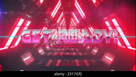 Immagine del banner di testo "Get Ready" su un tunnel rosso brillante al neon con un motivo senza cuciture Foto Stock