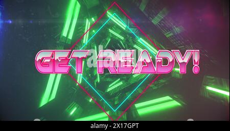 Immagine del banner di testo "Get Ready" su un tunnel luminoso verde neon con un motivo senza cuciture Foto Stock