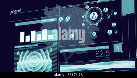 Immagine dell'interfaccia infografica con grafici, onde sonore e icone del profilo sulla struttura digitale Foto Stock