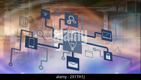 Immagine di un diagramma di flusso con icone di computer su colleghi afroamericani che discutono in ufficio Foto Stock