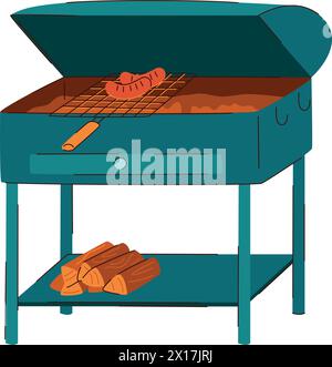 illustrazione a cartoni di una griglia da giardino con legna da ardere e salsicce arrostite. Illustrazione Vettoriale