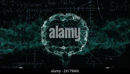 Immagine di equazioni matematiche su modello digitale del cervello umano su sfondo nero Foto Stock