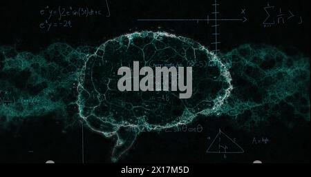 Immagine di equazioni matematiche su modello digitale del cervello umano su sfondo nero Foto Stock