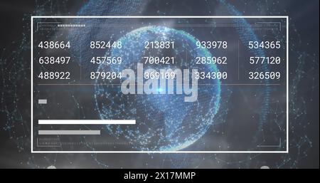 Immagine dello schermo digitale con numeri variabili e barre di caricamento sul globo con punti collegati Foto Stock