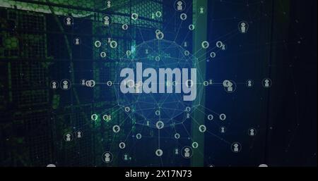 Immagine della rete globale di icone chatbot ai che trasferiscono i dati in una sala server buia Foto Stock