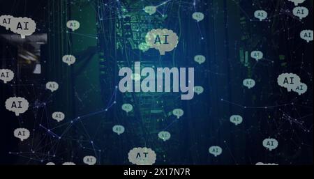 Immagine di intelligenza artificiale su reti, dati e tecnici che lavorano con il computer nella sala server Foto Stock