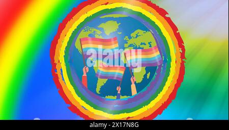 Immagine del globo con bandiere arcobaleno sullo sfondo arcobaleno Foto Stock