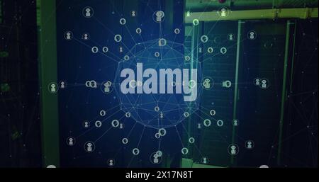 Immagine della rete globale di icone chatbot ai che trasferiscono i dati in una sala server buia Foto Stock