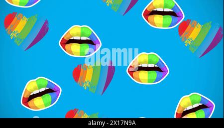 Immagine di labbra e cuori arcobaleno su sfondo blu Foto Stock