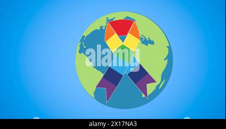 Immagine del globo con nastro arcobaleno su sfondo blu Foto Stock