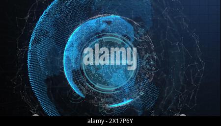 Immagine dello scanner per la protezione dei dati di testo e impronte digitali su globo e rete di connessioni Foto Stock