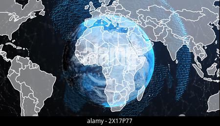 Immagine della mappa del mondo su globo rotante e rete di connessioni su sfondo blu Foto Stock