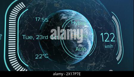 Immagine dell'interfaccia auto con elaborazione dati e rete di connessioni su globo rotante Foto Stock