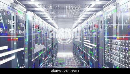 Immagine della variazione dei numeri nei cerchi di caricamento, grafici su barre multicolore sui rack server Foto Stock