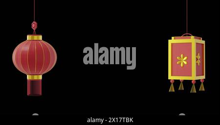 Immagine di lampade rosse cinesi appese con spazio per le copie su sfondo nero Foto Stock