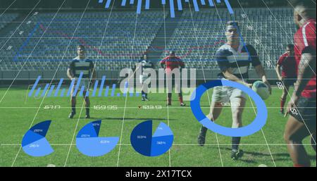 Immagine di grafici, dati e statistiche su due squadre di rugby multietniche che giocano a rugby, running e pu Foto Stock