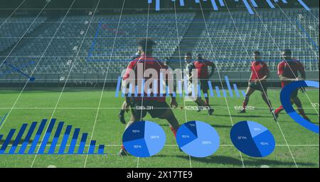 Immagine di grafici, dati e statistiche su due squadre di rugby multietniche che giocano a rugby, running e pu Foto Stock