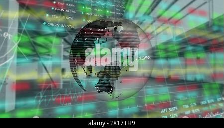 Immagine del globo e dell'elaborazione dei dati finanziari su interni industriali vuoti Foto Stock